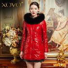 XOVO 大碼女裝新款韓版修身狐貍毛領帶帽真皮羽絨服綿羊皮衣中長